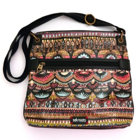 Sakroots Artists Circle Flat Lg Crossbody Bag Multicolor Coated Canvas Blk Strap - Picture 1 of 8
